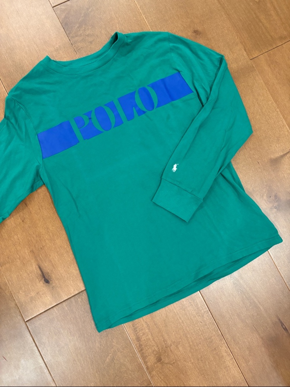 Polo by Ralph Lauren Green Long-Sleeve Tee with Blue Logo Stripe